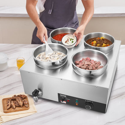 Electric Soup Warmer, Four 7.4QT Stainless Steel Round Pot, 1500W Commercial Food Warmer, 86~185°F Adjustable Temp, Bain Marie with Anti-Dry Burn and Reset Button, for Restaurant, Buffet