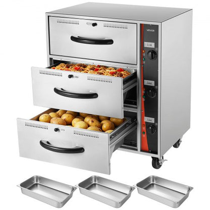Commercial Electric Drawer Warmer, Three-Drawer Stainless Steel Food Warmer, Freestanding Standard Warming Drawer Cabinet, 30-85℃ Wide Temperature Range, for Restaurant, Hotel Buffet & Bakery