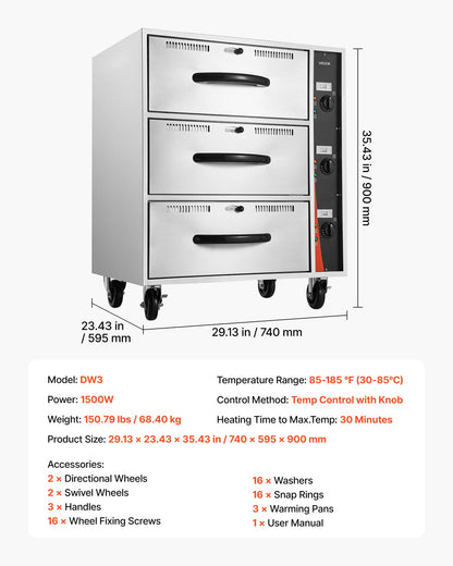 Commercial Electric Drawer Warmer, Three-Drawer Stainless Steel Food Warmer, Freestanding Standard Warming Drawer Cabinet, 30-85℃ Wide Temperature Range, for Restaurant, Hotel Buffet & Bakery
