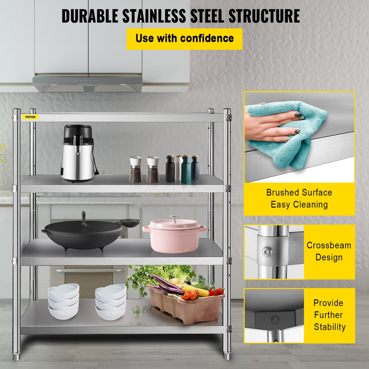 Stainless Steel Shelving, 118.9 x 47 cm 4 Tier Adjustable Shelf Storage Unit, Stainless Steel Heavy Duty Shelving for Kitchen Commercial Office Garage Storage 149.7 kg Per Shelf