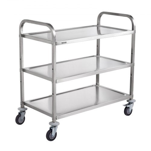 Kitchen Utility Cart, 3 Tiers, Wire Rolling Cart with 450LBS Capacity, Steel Service Cart on Wheels, Metal Storage Trolley with 80mm Basket Curved Handle PP Liner 6 Hooks, for Indoor and Outdoor
