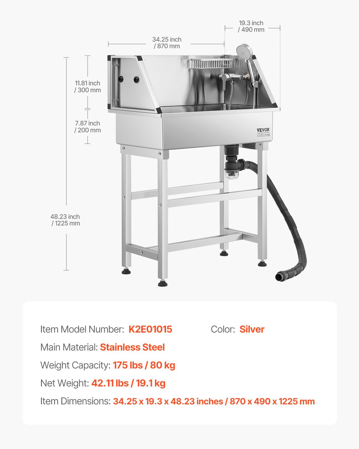86,4 cm tvättstation i rostfritt stål för hundar, badkar för husdjur med varm- och kallvattenkran, duschmunstycke, förvaringsställ, allt-i-ett-badkar som inte böjer sig, handfat för hemmabruk, passar små katter och hundar