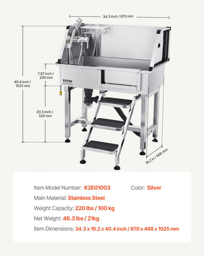 86,4 cm tvättstation för hundar i rostfritt stål, badkar för husdjur med varm- och kallvattenkran, duschmunstycke, handfat för hemmabruk, passar små katter och hundar, halkfri trappa (höger dörr)