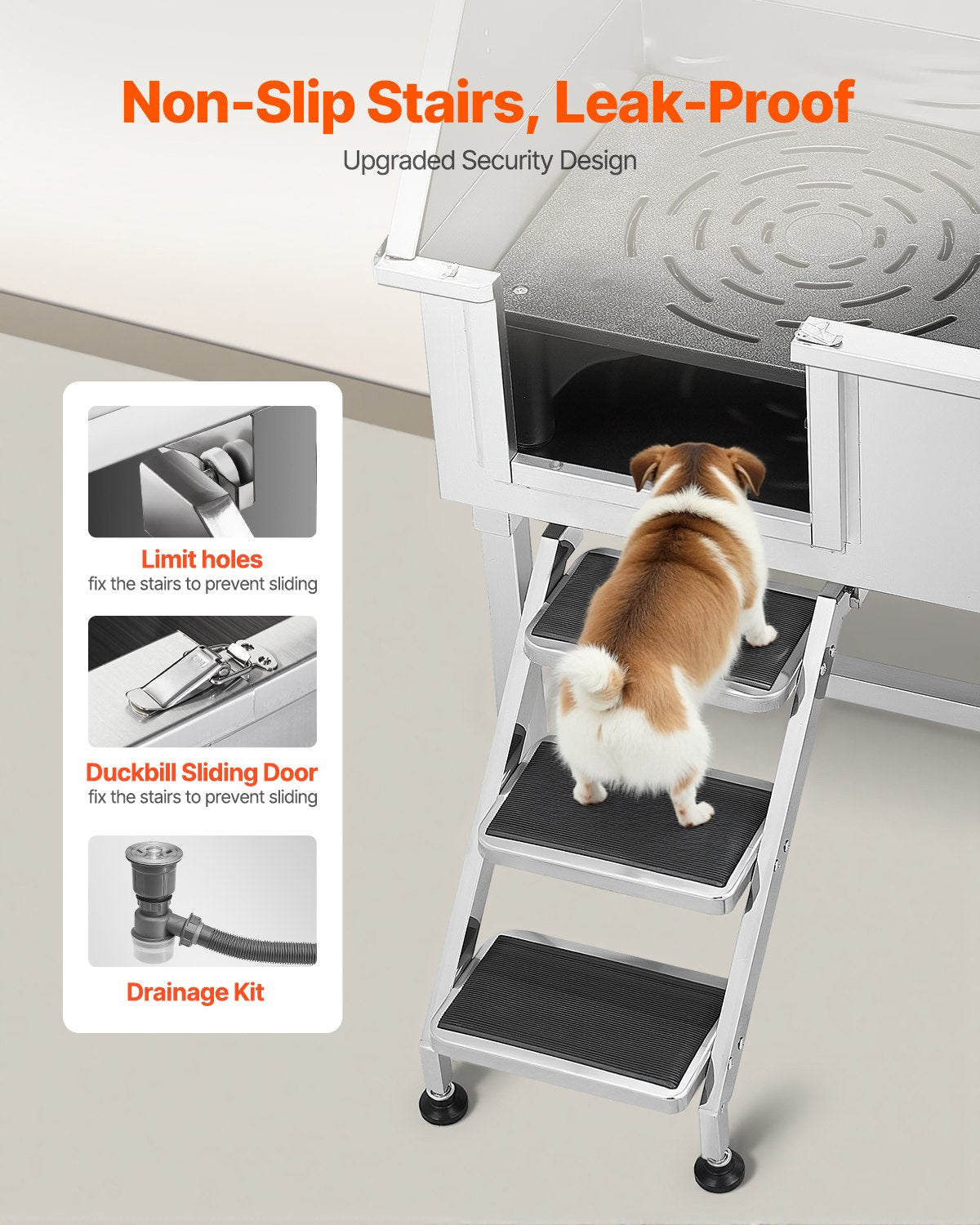 96,5 cm tvättstation för hundar i rostfritt stål, badkar för husdjur med varm- och kallvattenkran, duschmunstycke, handfat för hemmabruk, passar små och medelstora katter och hundar, halkfri trappa (vänster dörr)
