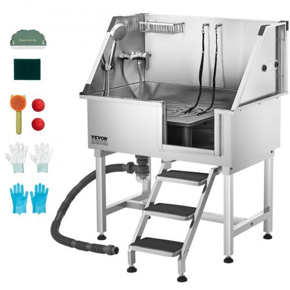 96,5 cm tvättstation för hundar i rostfritt stål, badkar för husdjur med varm- och kallvattenkran, duschmunstycke, handfat för hemmabruk, passar små och medelstora katter och hundar, halkfri trappa (höger dörr)