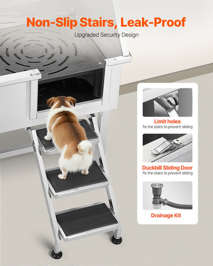 96,5 cm tvättstation för hundar i rostfritt stål, badkar för husdjur med varm- och kallvattenkran, duschmunstycke, handfat för hemmabruk, passar små och medelstora katter och hundar, halkfri trappa (höger dörr)