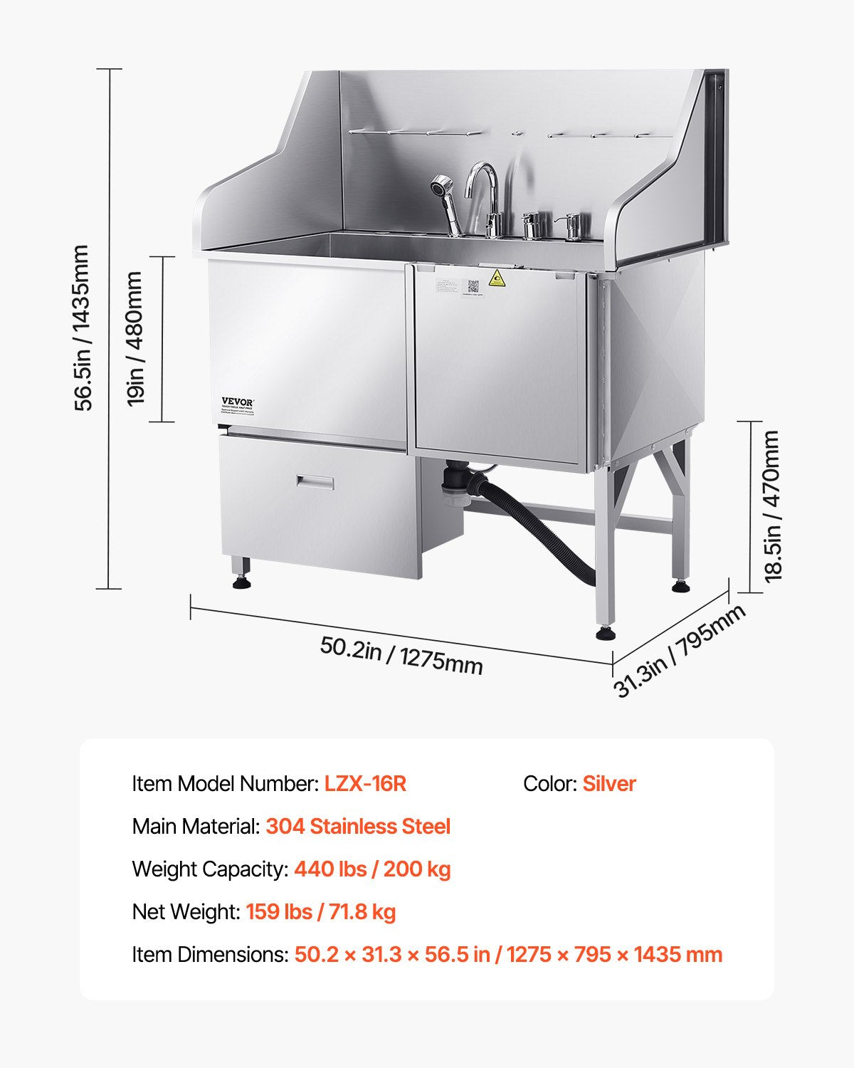 Hundtvättstation i 304 rostfritt stål, 127 cm trimbadkar med halkfri ramp med låg lutning, förvaringslåda, varm- och kallvattenkran, allt-i-ett-badkar för trimbutik, passar alla storlekar (höger dörr)