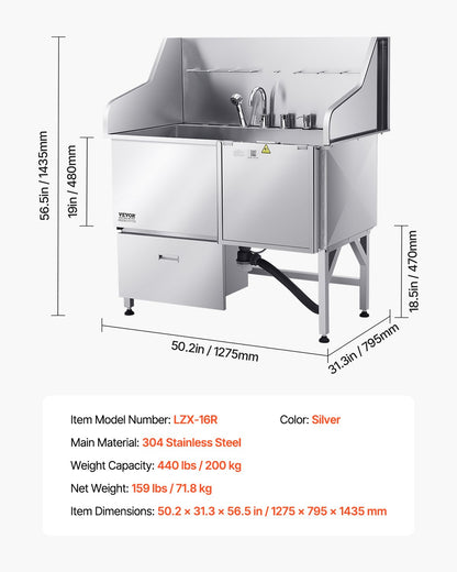 Hundtvättstation i 304 rostfritt stål, 127 cm trimbadkar med halkfri ramp med låg lutning, förvaringslåda, varm- och kallvattenkran, allt-i-ett-badkar för trimbutik, passar alla storlekar (höger dörr)