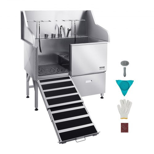 Hundtvättstation i 304 rostfritt stål, 127 cm trimbadkar med halkfri ramp med låg lutning, förvaringslåda, varm- och kallvattenkran, allt-i-ett-badkar för trimbutik, passar alla storlekar (vänster dörr)