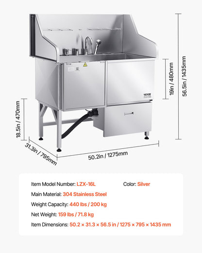Hundtvättstation i 304 rostfritt stål, 127 cm trimbadkar med halkfri ramp med låg lutning, förvaringslåda, varm- och kallvattenkran, allt-i-ett-badkar för trimbutik, passar alla storlekar (vänster dörr)