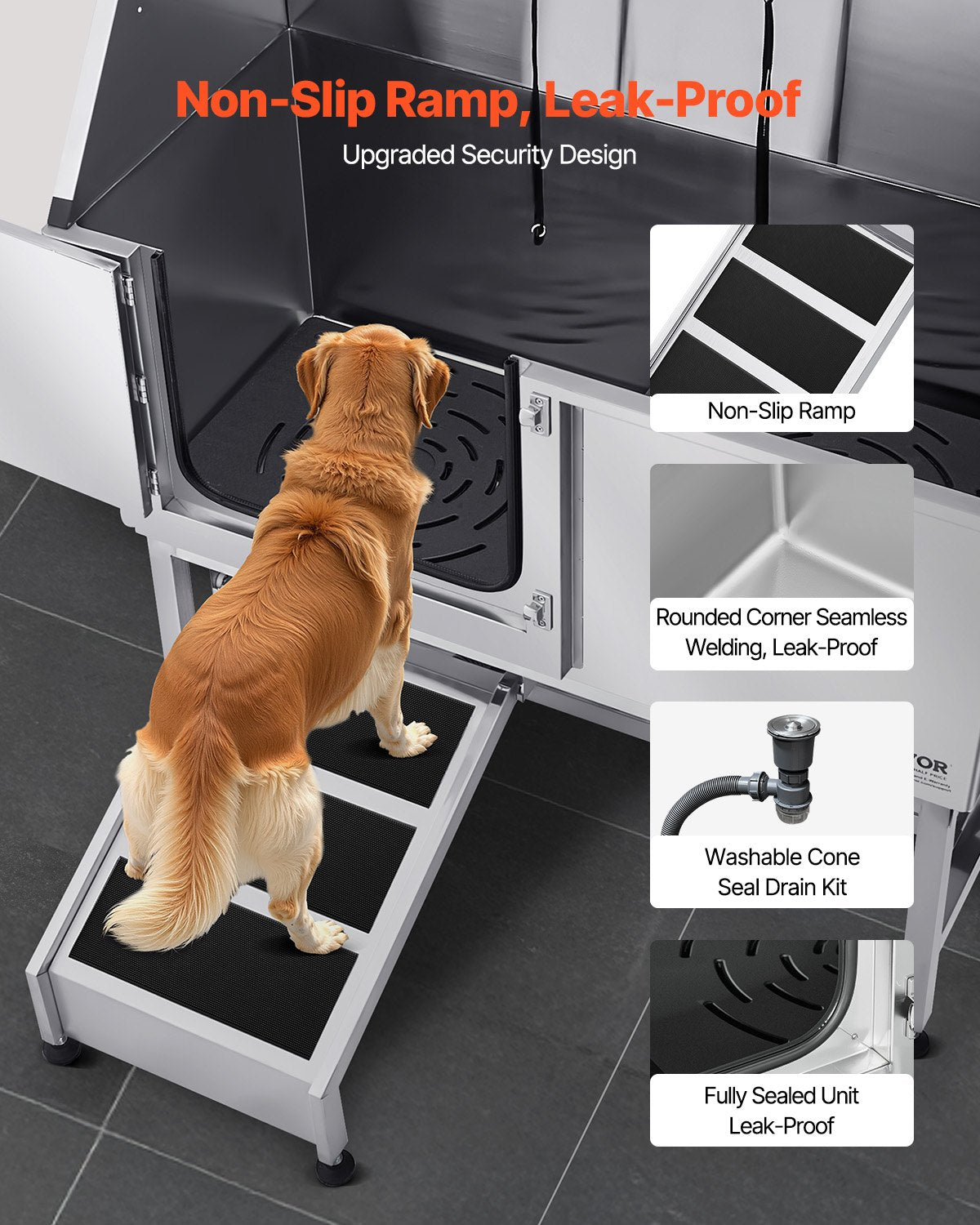 Hundtvättstation i rostfritt stål, 127 cm husdjursbadkar med ramp, PE-vattenfilterbräda, kran och duschmunstycke samt tvålhållare. Hundbadkar för stora, medelstora och små husdjur (vänster dörr)