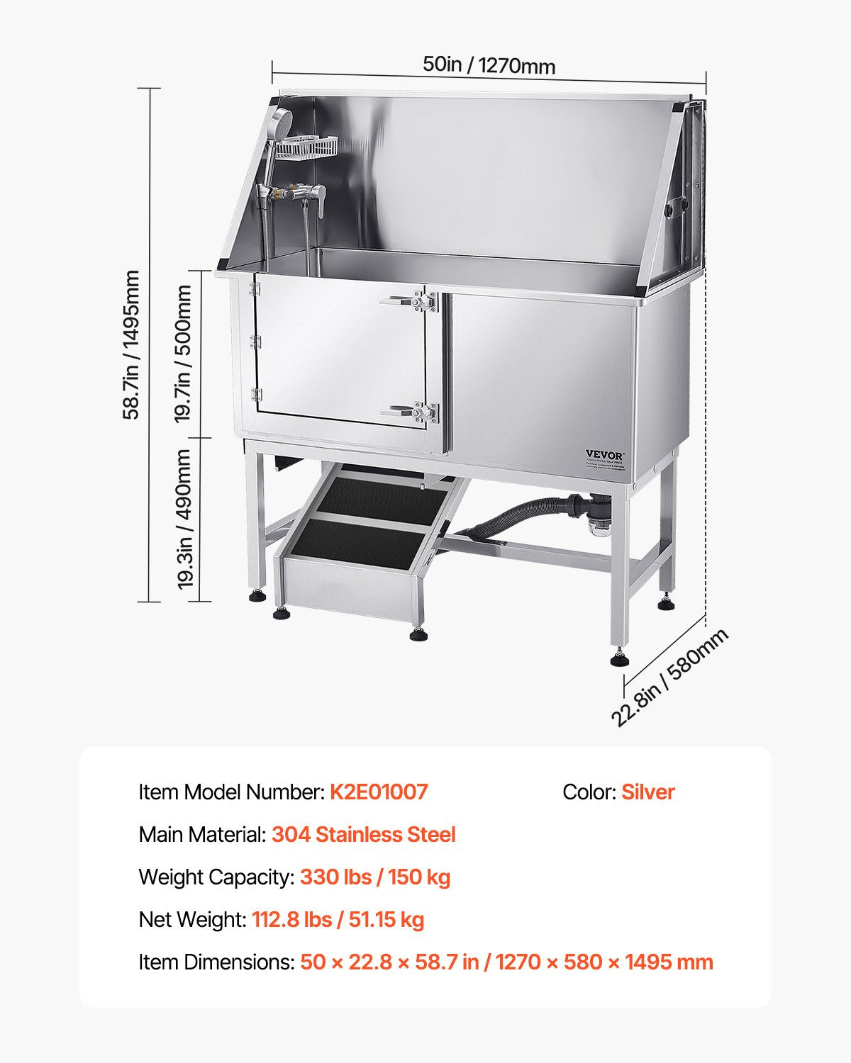 Hundtvättstation i rostfritt stål, 127 cm husdjursbadkar med ramp, PE-vattenfilterbräda, kran och duschmunstycke samt tvålhållare. Hundbadkar för stora, medelstora och små husdjur (vänster dörr)