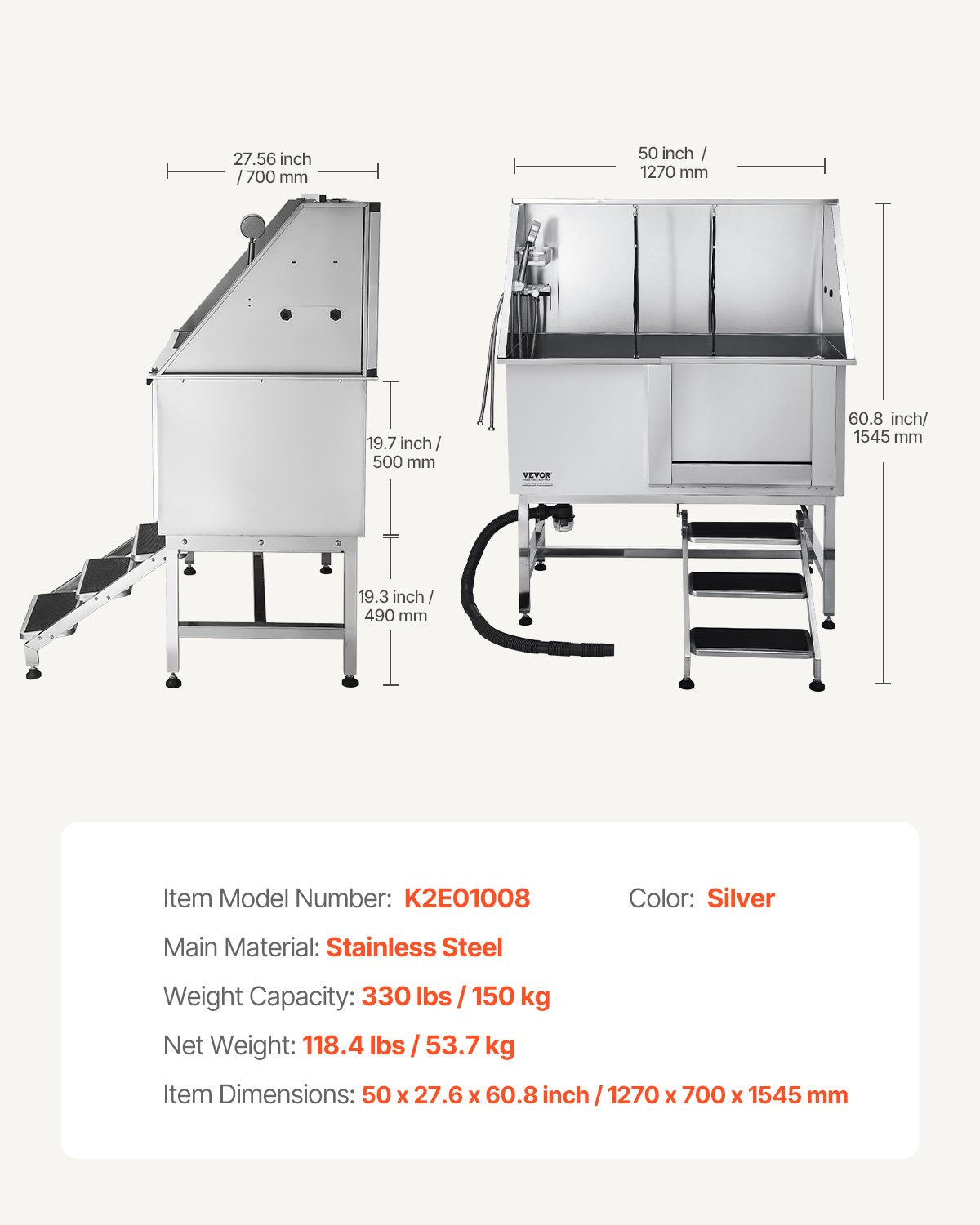 Hundtvättstation i rostfritt stål, 127 cm trimbadkar med trappor, PE-vattenfilterbräda, kran och duschmunstycke samt tvålhållare. Hundbadkar för stora, medelstora och små husdjur (höger dörr)