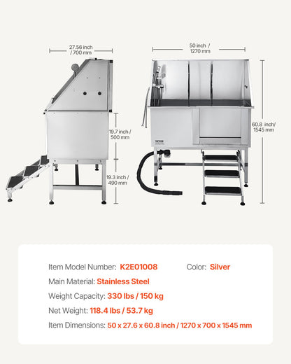 Hundtvättstation i rostfritt stål, 127 cm trimbadkar med trappor, PE-vattenfilterbräda, kran och duschmunstycke samt tvålhållare. Hundbadkar för stora, medelstora och små husdjur (höger dörr)