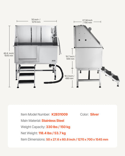 Hundtvättstation i rostfritt stål, 127 cm trimbadkar med trappor, PE-vattenfilterbräda, kran och duschmunstycke och tvålhållare. Hundbadkar för stora, medelstora och små husdjur (vänster dörr)