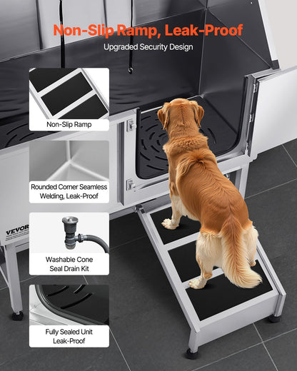 Hundtvättstation i rostfritt stål, 127 cm husdjursbadkar med ramp, PE-vattenfilterbräda, kran och duschmunstycke samt tvålhållare. Hundbadkar för stora, medelstora och små husdjur (höger dörr)