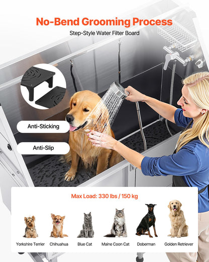 Hundtvättstation i rostfritt stål, 127 cm husdjursbadkar med ramp, PE-vattenfilterbräda, kran och duschmunstycke samt tvålhållare. Hundbadkar för stora, medelstora och små husdjur (höger dörr)