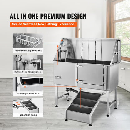 1,27 m badstation för hundar med ramp, professionellt hundtrimbadkar i rostfritt stål med tvållåda, kran, omfattande tillbehör, hundbadkar för stora, medelstora och små husdjur, handfat för hemmabruk