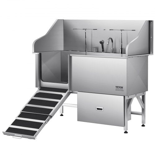 Hundtvättstation i 304 rostfritt stål, 154,9 cm trimbadkar med halkfri ramp med låg lutning, förvaringslåda, varm- och kallvattenkran, allt-i-ett-badkar för trimbutik, passar alla storlekar (vänster dörr)