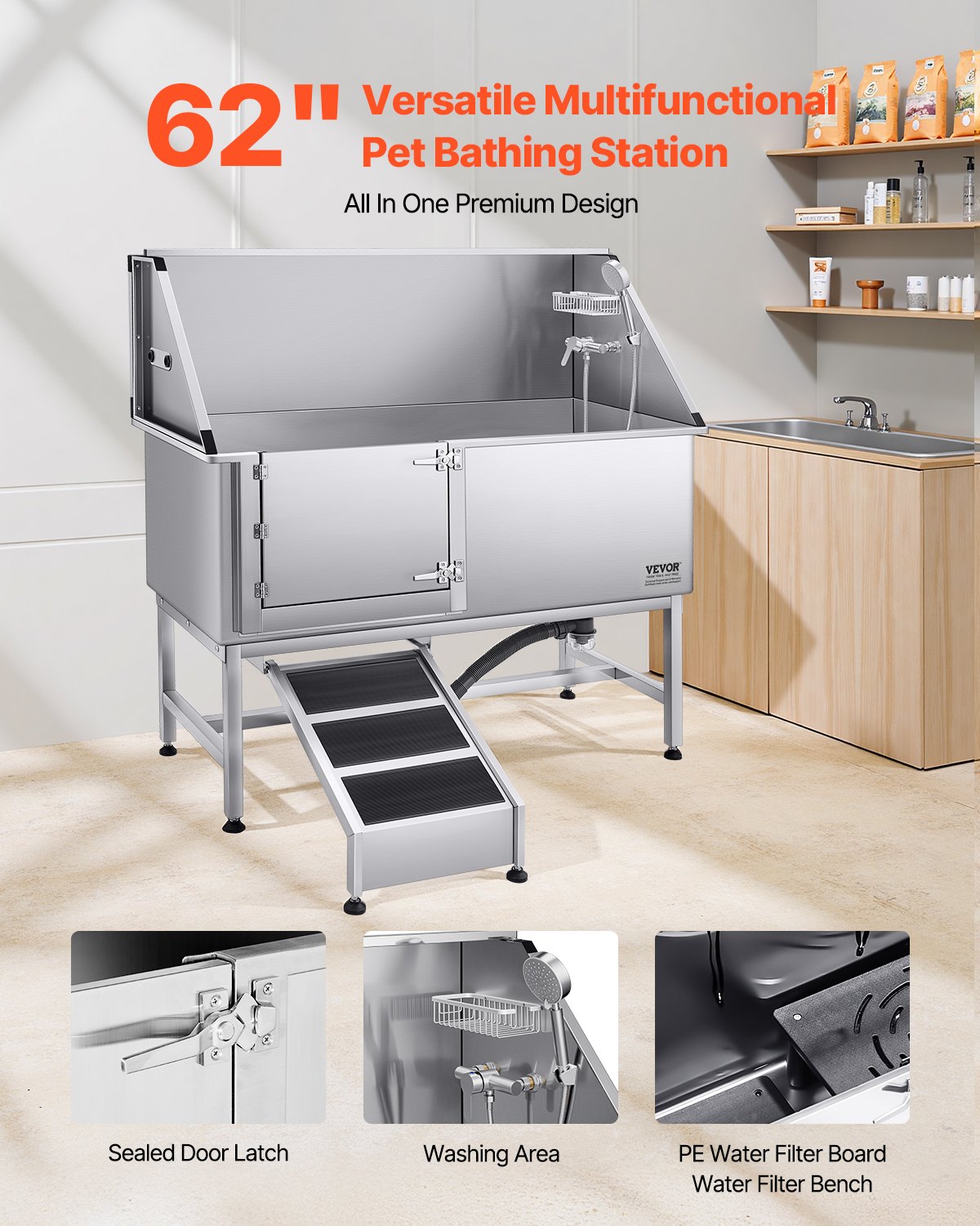 Hundtvättstation i rostfritt stål, 157,48 cm husdjursbadkar med ramp, PE-vattenfilterbräda, kran, duschmunstycke och tvålhållare. Hundbadkar för stora, medelstora och små husdjur (vänster dörr)