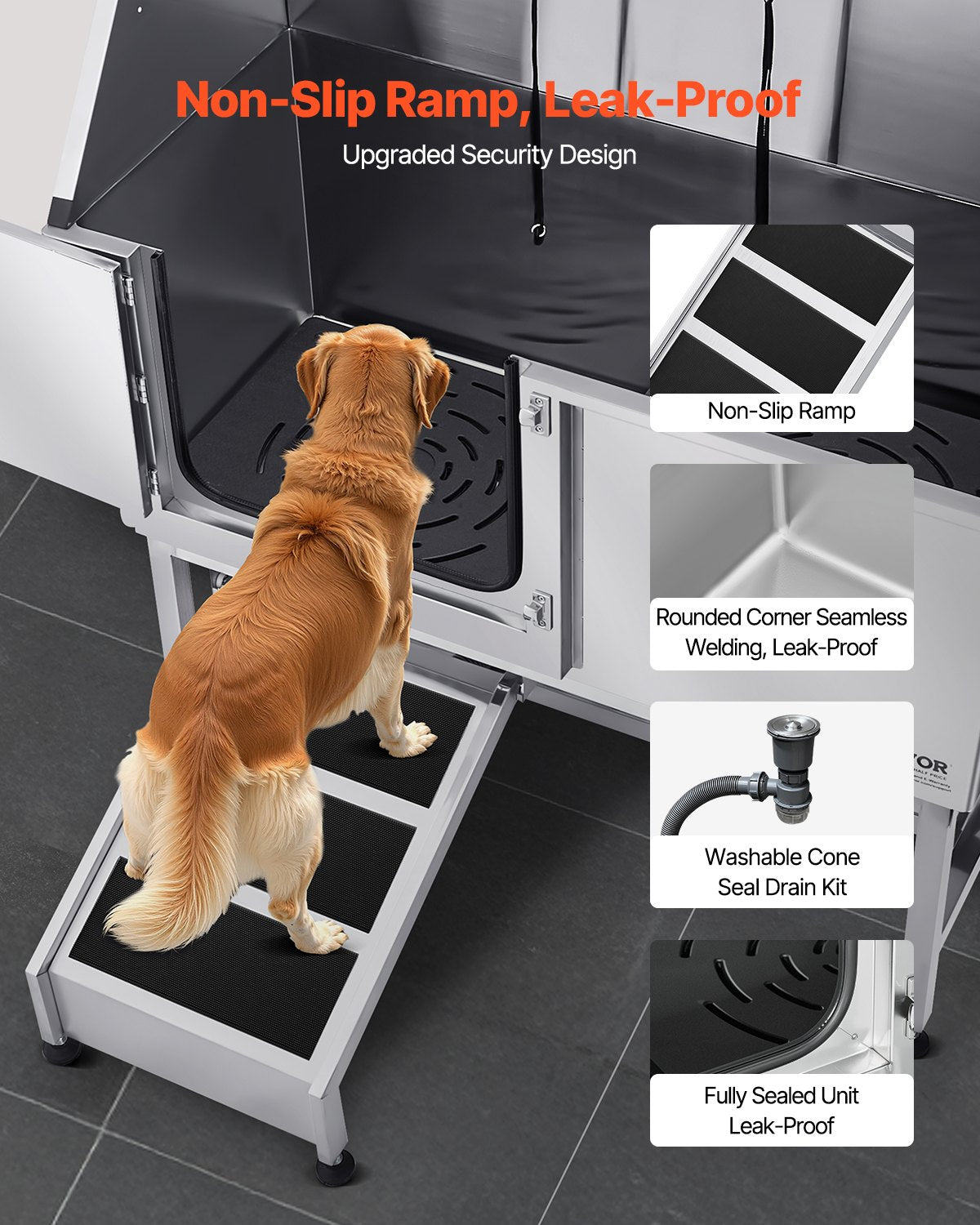 Hundtvättstation i rostfritt stål, 157,48 cm husdjursbadkar med ramp, PE-vattenfilterbräda, kran, duschmunstycke och tvålhållare. Hundbadkar för stora, medelstora och små husdjur (vänster dörr)