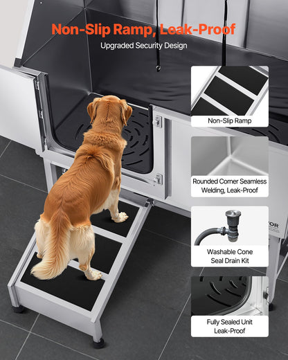 Hundtvättstation i rostfritt stål, 157,48 cm husdjursbadkar med ramp, PE-vattenfilterbräda, kran, duschmunstycke och tvålhållare. Hundbadkar för stora, medelstora och små husdjur (vänster dörr)