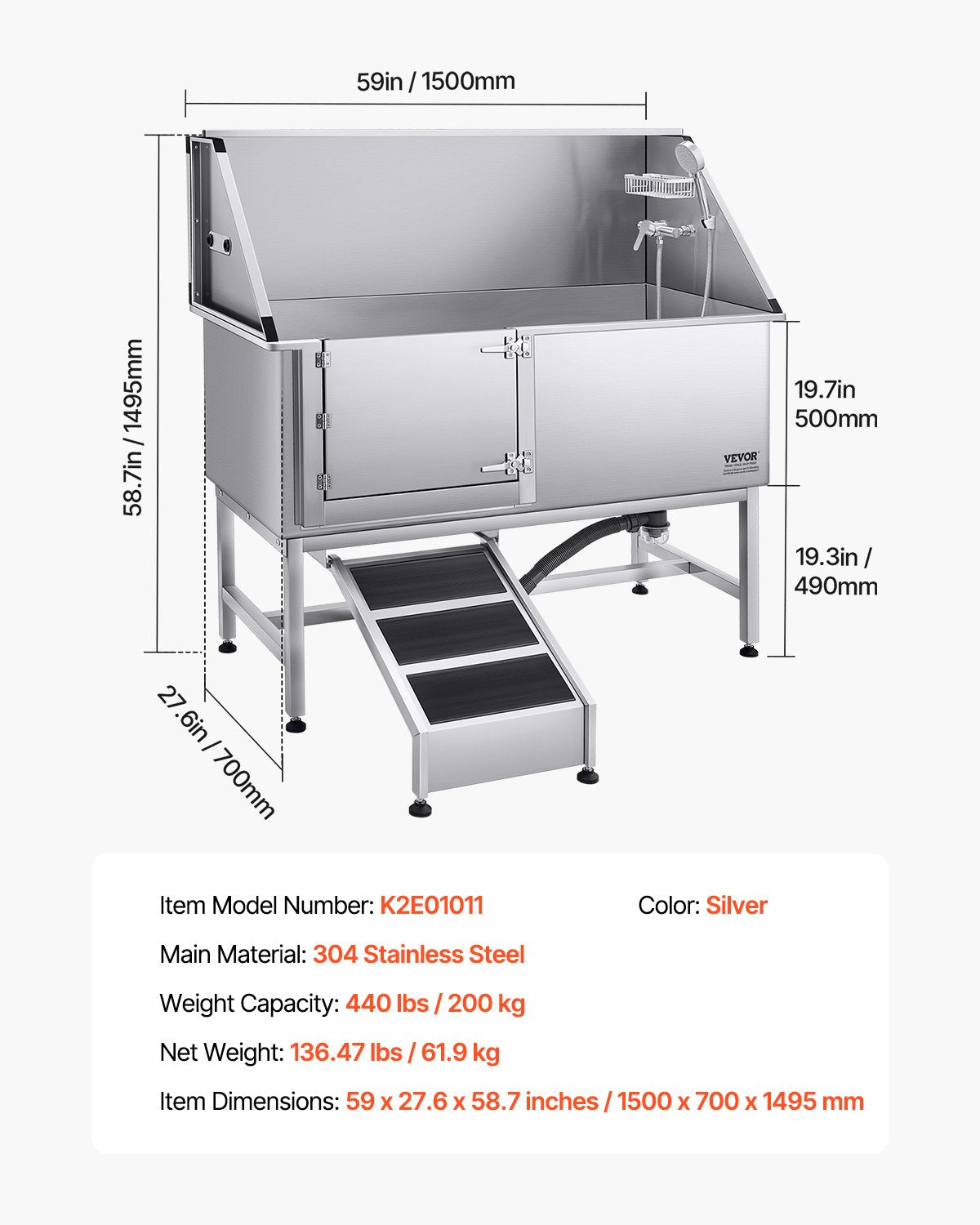 Hundtvättstation i rostfritt stål, 157,48 cm husdjursbadkar med ramp, PE-vattenfilterbräda, kran, duschmunstycke och tvålhållare. Hundbadkar för stora, medelstora och små husdjur (vänster dörr)