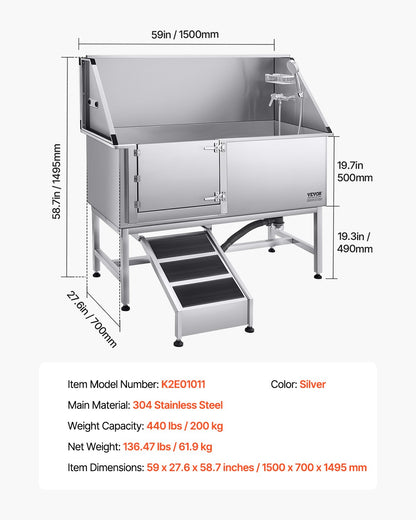 Hundtvättstation i rostfritt stål, 157,48 cm husdjursbadkar med ramp, PE-vattenfilterbräda, kran, duschmunstycke och tvålhållare. Hundbadkar för stora, medelstora och små husdjur (vänster dörr)