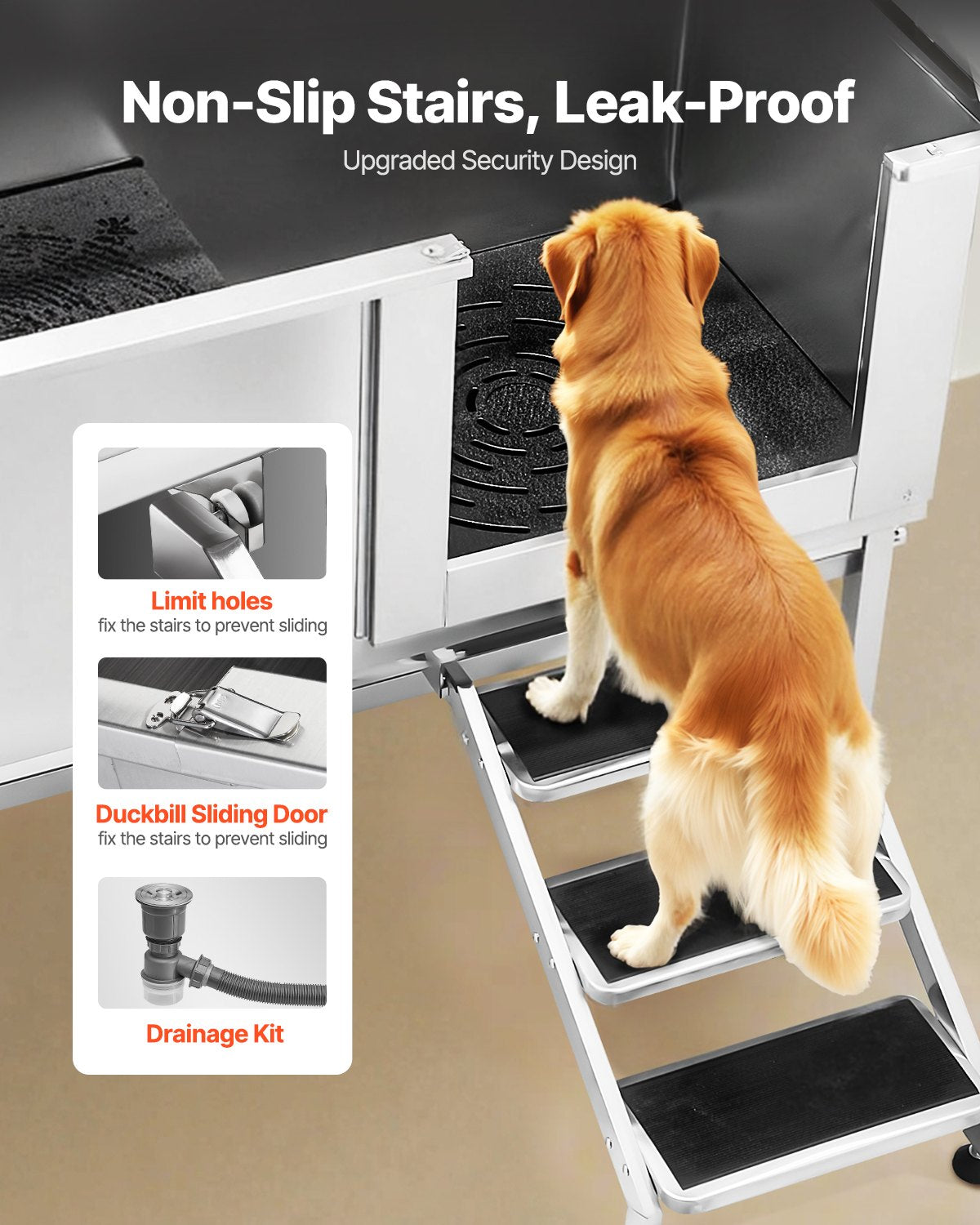 Stainless Steel Dog Washing Station, 157.48 cm Pet Grooming Tub w/ Stairs, PE Water Filter Board, Faucet & Showerhead & Soap Holder Dog Bathtub for Large & Medium & Small Pets (Right Door)