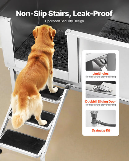 Hundtvättstation i rostfritt stål, 157,48 cm husdjursbadkar med trappor, PE-vattenfilterbräda, kran och duschmunstycke och tvålhållare. Hundbadkar för stora, medelstora och små husdjur (vänster dörr)