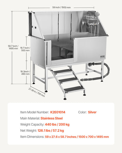 Hundtvättstation i rostfritt stål, 157,48 cm husdjursbadkar med trappor, PE-vattenfilterbräda, kran och duschmunstycke och tvålhållare. Hundbadkar för stora, medelstora och små husdjur (vänster dörr)