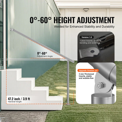 Handrails for Outdoor Steps, 47.3in / 120cm Deck Railing Kit Wall Floor Mounted, Railings for Outside Steps with Installation Kit, Hand Rails for Seniors,Porch Railing & Deck Rail Kit, Silver