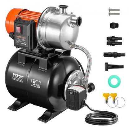 1193W(1.6 HP) Shallow Well Pump with Pressure Tank, 83 L/min(1320 GPH), Automatic Irrigation Water Booster Pump with 19L(5-Gal) Tank 2/3.4 bar(30/50 PSI) Pressure Switch, Stainless Steel Pump Head for Home Garden Lawn