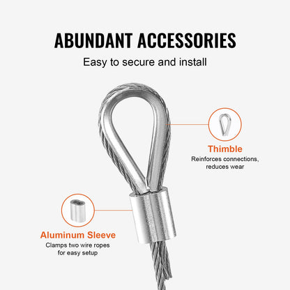 Stålvajersats, 1/16" 330 fot 304 rostfritt stålvajer med 80 hylsor och 20 kausar, 450 lbs brottstyrka, 7x7 trådar marin flygplanskvalitet för ledstång, trappstängsel utomhus