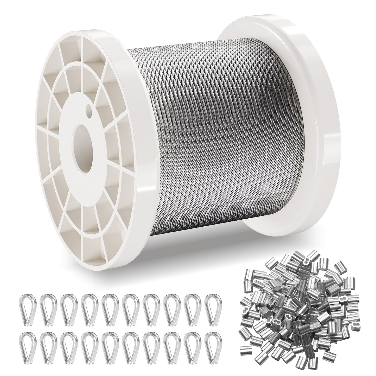 Stålvajersats, 1/16" 330 fot 304 rostfritt stålvajer med 80 hylsor och 20 kausar, 450 lbs brottstyrka, 7x7 trådar marin flygplanskvalitet för ledstång, trappstängsel utomhus