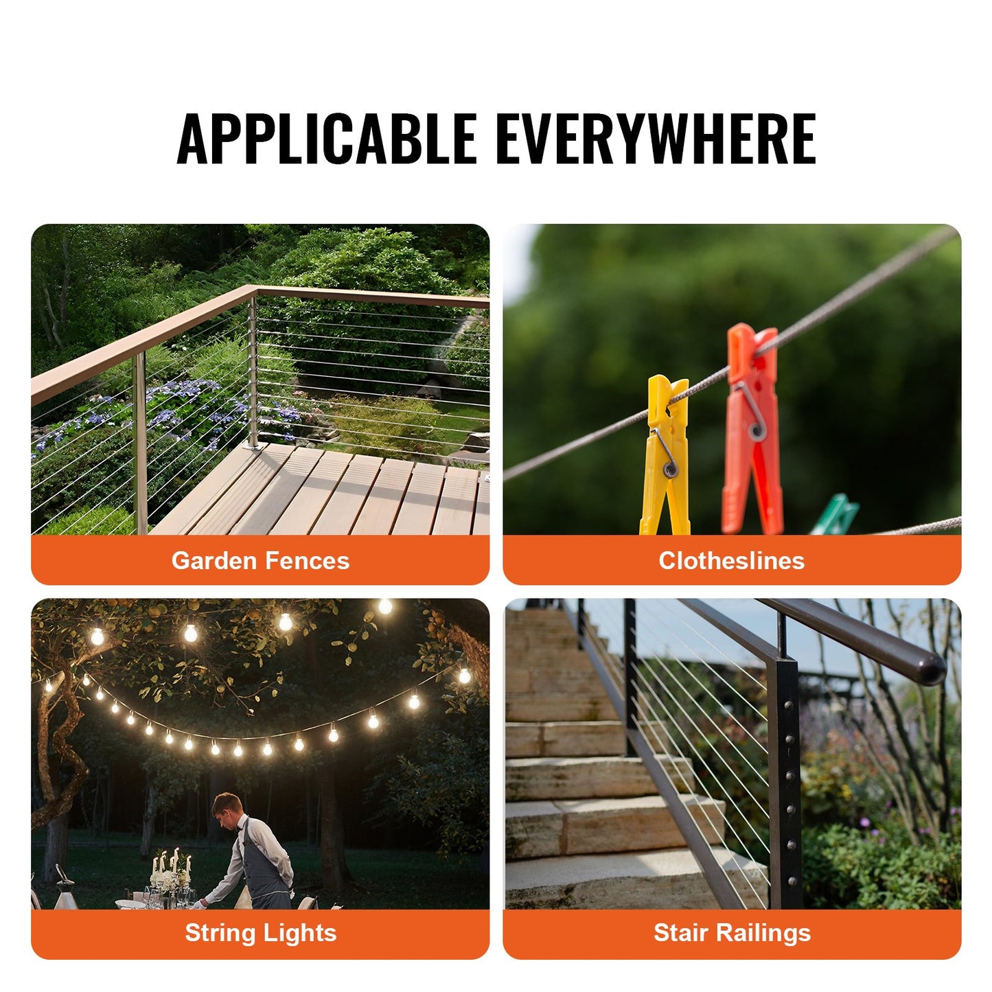 Stålvajersats, 1/16" 66 fot 304 rostfritt stålvajer med krymptång, 160 hylsor och 12 kausar, 7x7 ledare, marin, flygplanskvalitet, för ledstång, trappstäckning, utomhusbruk