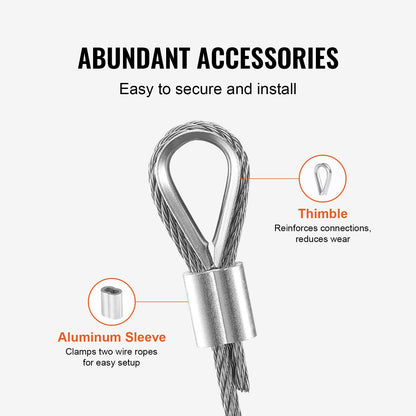 Stålvajersats, 1/8" 100 fot 316 rostfritt stålvajer med 20 hylsor och 10 kausar, 1600 lbs brottstyrka, 7x7 strängar marin flygplanskvalitet för ledstång, trappstängsel utomhus
