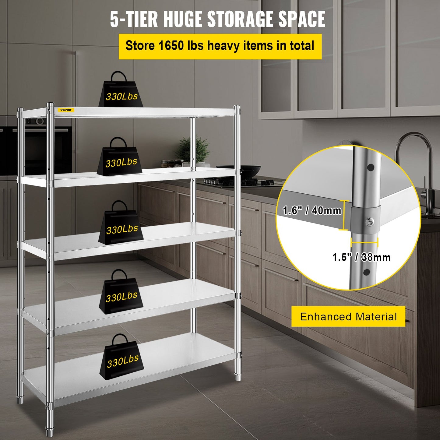 Shelving Unit 48x18.5 Inch Storage Shelves 5-Tier shelving Units And Storage Adjustable Shelf Storage Unit Adjustable Feet Shelving Units Stainless Steel Kitchen Shelves
