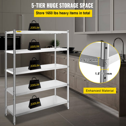 Shelving Unit 48x18.5 Inch Storage Shelves 5-Tier shelving Units And Storage Adjustable Shelf Storage Unit Adjustable Feet Shelving Units Stainless Steel Kitchen Shelves