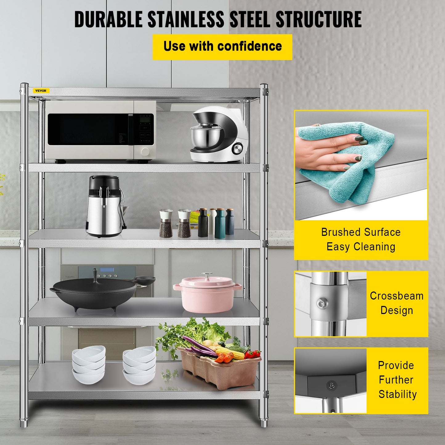 Shelving Unit 48x18.5 Inch Storage Shelves 5-Tier shelving Units And Storage Adjustable Shelf Storage Unit Adjustable Feet Shelving Units Stainless Steel Kitchen Shelves