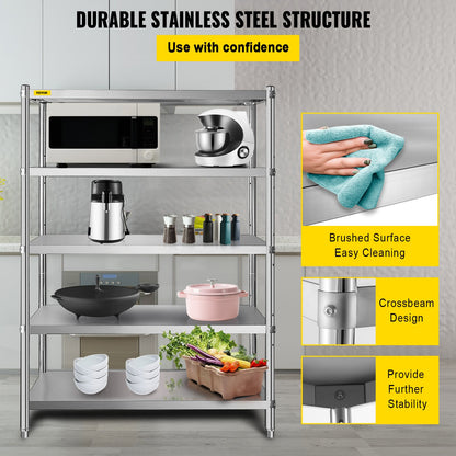 Shelving Unit 48x18.5 Inch Storage Shelves 5-Tier shelving Units And Storage Adjustable Shelf Storage Unit Adjustable Feet Shelving Units Stainless Steel Kitchen Shelves