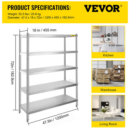 Shelving Unit 48x18.5 Inch Storage Shelves 5-Tier shelving Units And Storage Adjustable Shelf Storage Unit Adjustable Feet Shelving Units Stainless Steel Kitchen Shelves
