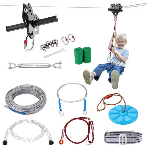 Zipline-kit för barn och vuxna, 60 fots zipline-kit upp till 500 lb, snabb uppsättning av zipline för utomhusbruk, lekplatsunderhållning med zipline i rostfritt stål, fjäderbroms, säkerhetssele, sits
