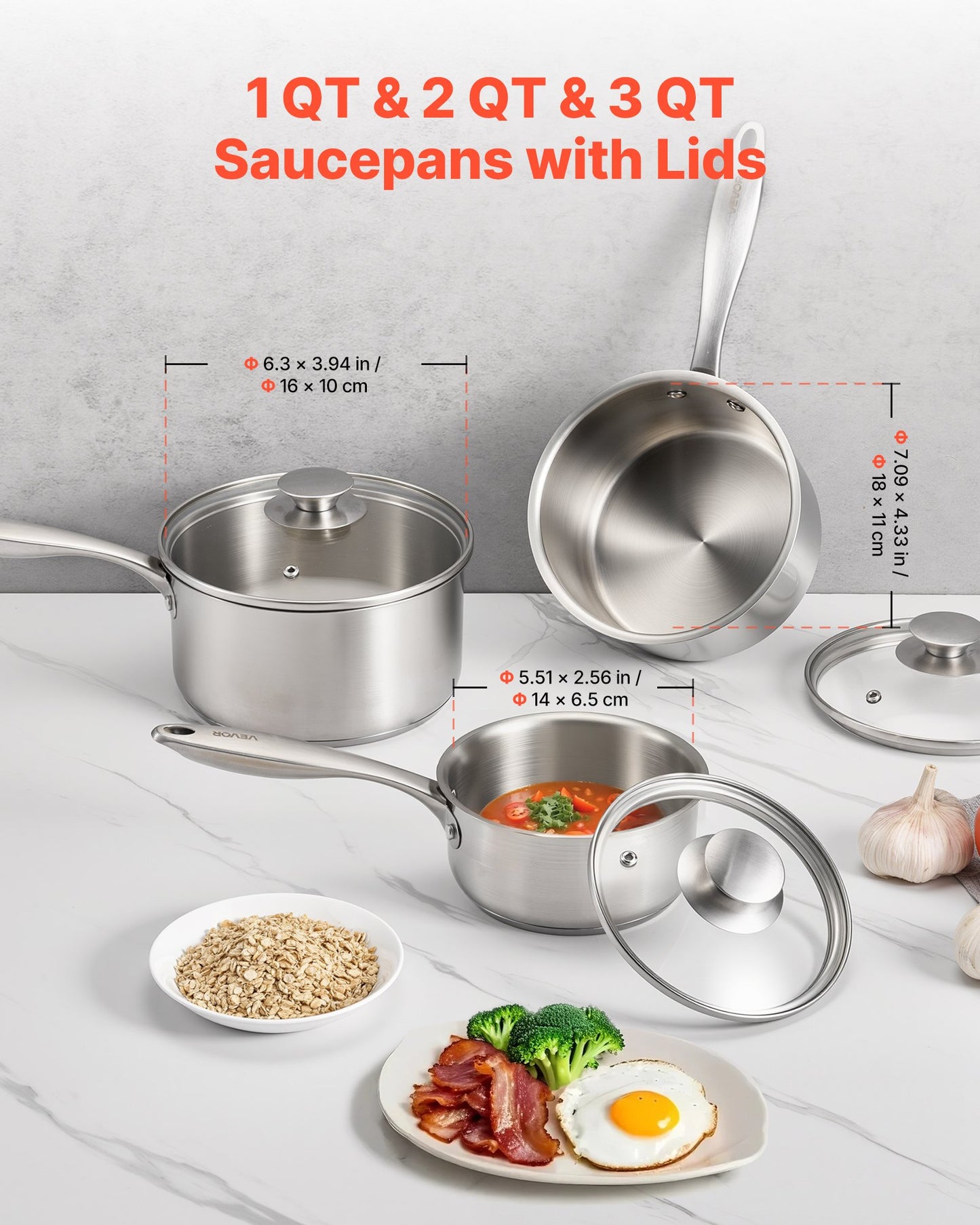 Kastrullset i rostfritt stål, 1 QT &amp; 2 QT &amp; 3 QT kastruller med glaslock, mångsidig nonstick-beläggningsgryta i rostfritt stål med ergonomiskt handtag, lämplig för ugn, diskmaskin, induktionshäll