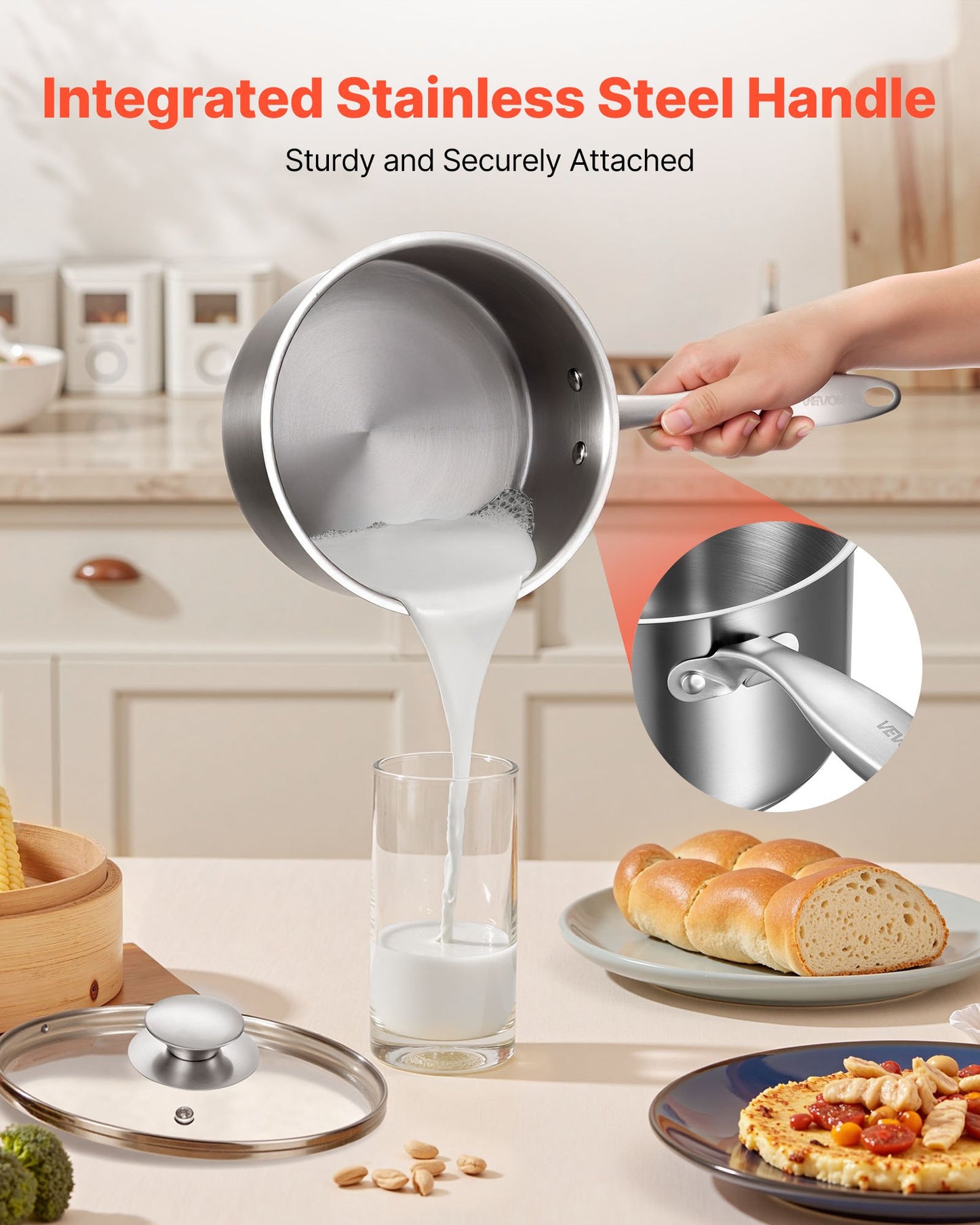 Kastrullset i rostfritt stål, 1 QT &amp; 2 QT &amp; 3 QT kastruller med glaslock, mångsidig nonstick-beläggningsgryta i rostfritt stål med ergonomiskt handtag, lämplig för ugn, diskmaskin, induktionshäll