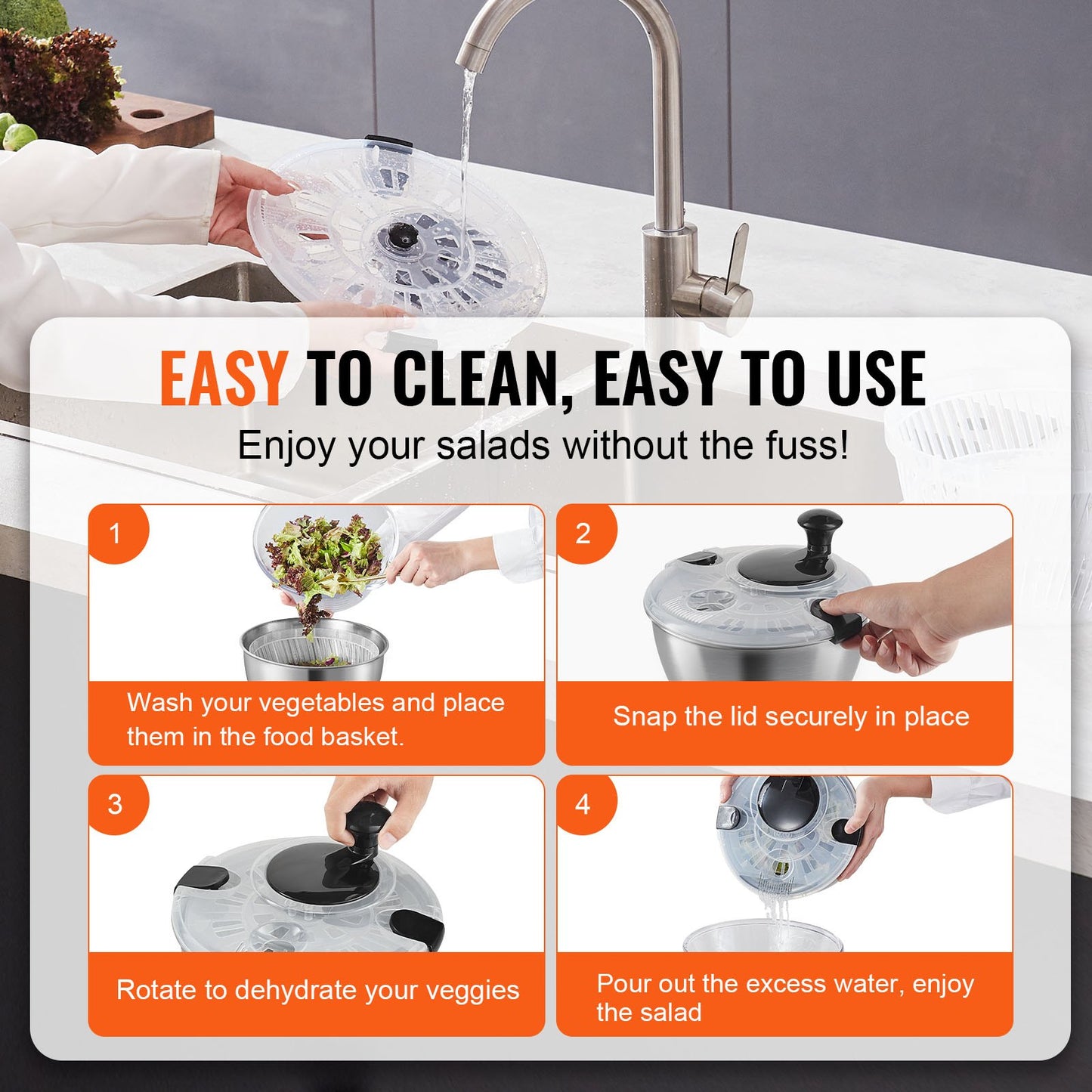 Stainless Steel Salad Spinner, 4.75Qt, One-handed Easy Press Large Vegetable Dryer Washer, Lettuce Cleaner and Dryer with 304 Stainless Steel Bowl, for Greens, Herbs, Berries, Fruits, No BPA