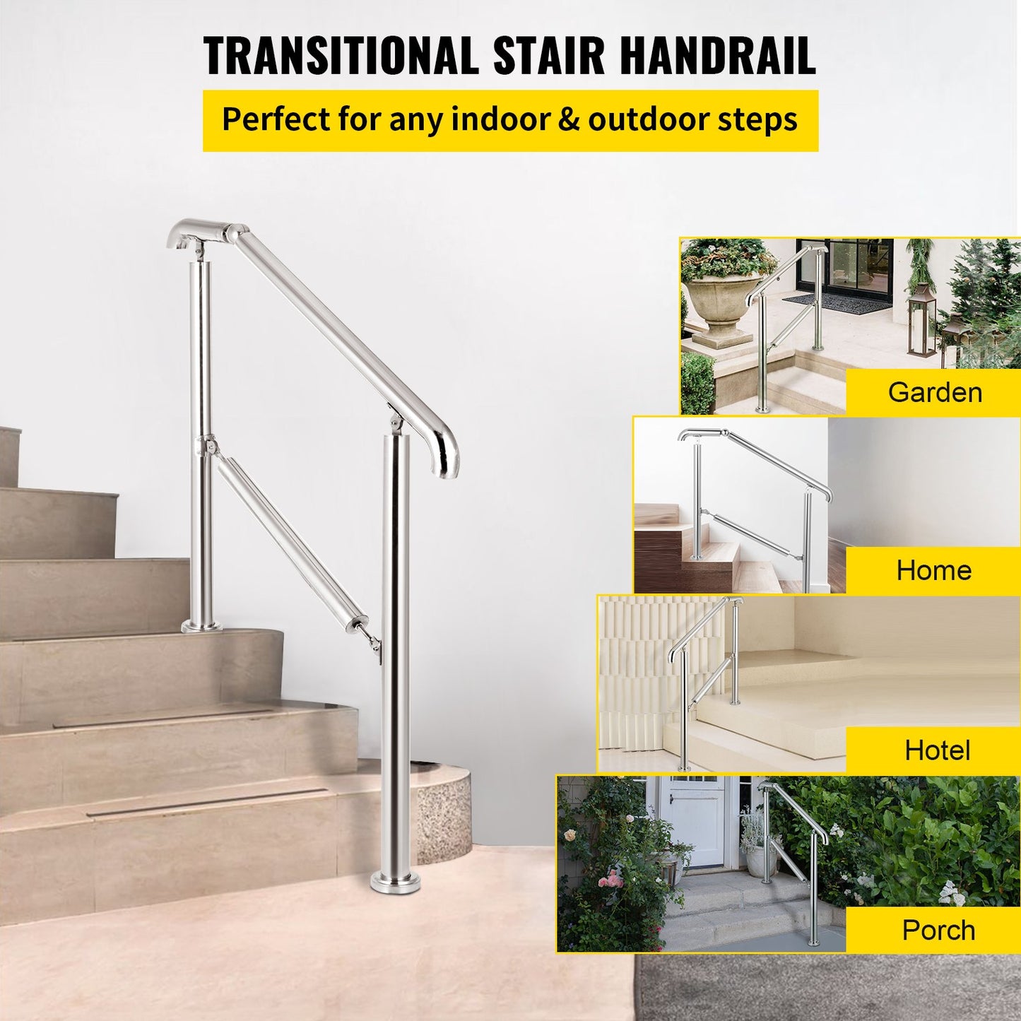 3 Step Railing Stainless Steel Transitional Handrail fit for Level Surface and 1 to 3 Steps Adjustable Stair Railing Indoor Outdoor Step Railings 99.8 kg Capacity W/ Installation Kit Porch DIY