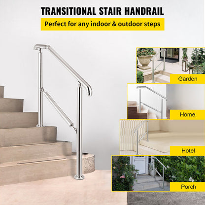 3 Step Railing Stainless Steel Transitional Handrail fit for Level Surface and 1 to 3 Steps Adjustable Stair Railing Indoor Outdoor Step Railings 99.8 kg Capacity W/ Installation Kit Porch DIY
