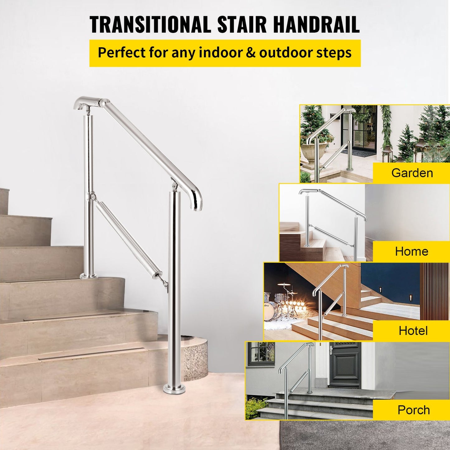 5 Step Railing Stainless Steel Transitional Handrail fit for Level Surface and 1 to 5 Steps Adjustable Stair Railing Indoor Outdoor Step Railings 99.8 kg Capacity W/ Installation Kit Porch DIY