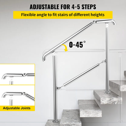 5 Step Railing Stainless Steel Transitional Handrail fit for Level Surface and 1 to 5 Steps Adjustable Stair Railing Indoor Outdoor Step Railings 99.8 kg Capacity W/ Installation Kit Porch DIY